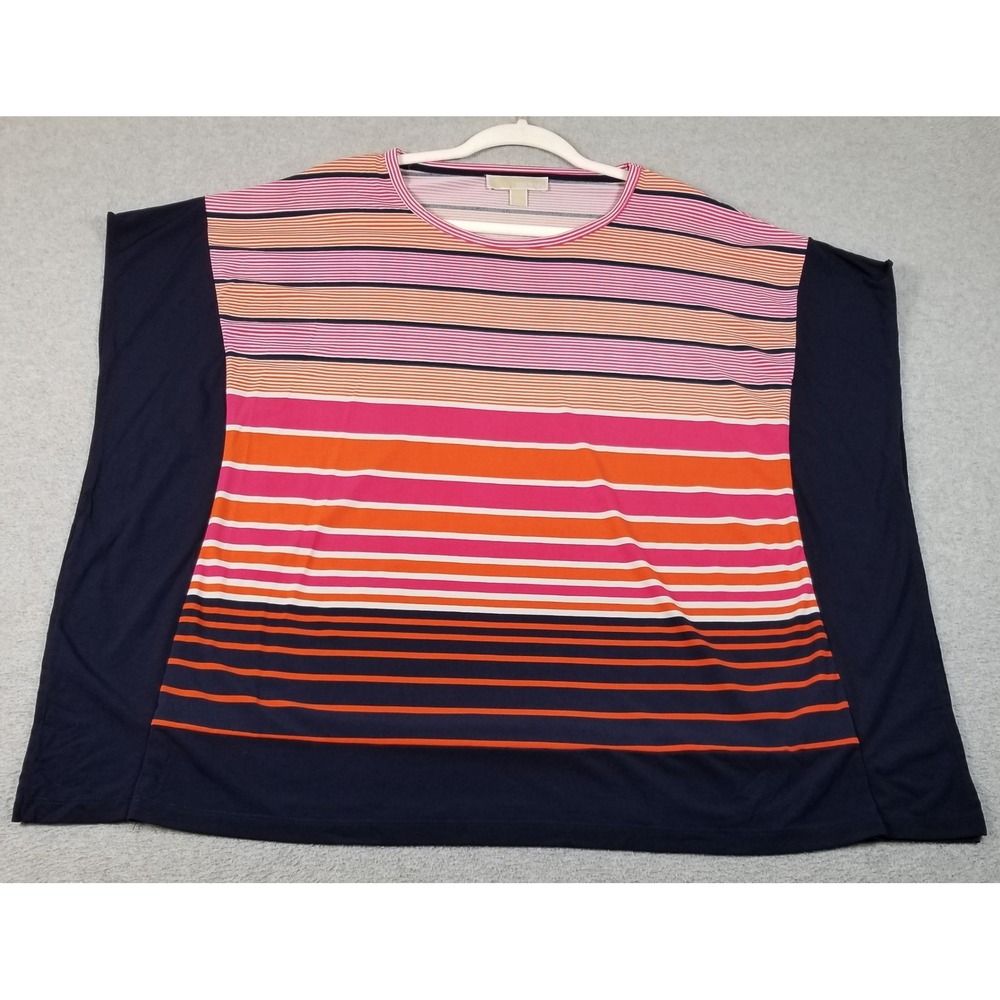 Michael Kors Top Women L Large Pink Blue Orange Striped Short Sleeve Knit Blouse